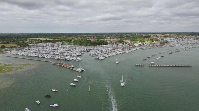Lymington River and marina from drone, Lymington, New Forest, Hampshire, England
