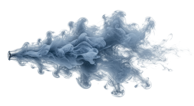 A thick, voluminous, textured blue-gray vapor plume dynamically spreading and dissipating on a transparent studio background, symbolizing clarity and innovation
