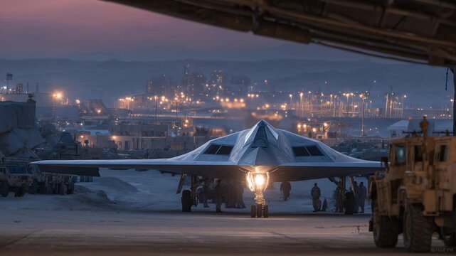 A twilight view of a desert airbase reveals maintenance crews tending to drones and armored transports under a stealth aircraft's wing.