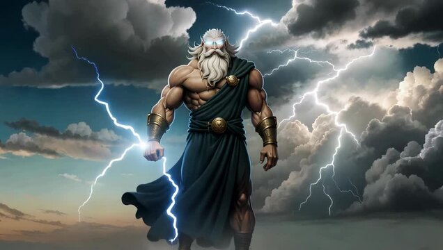 Powerful Zeus character summoning lightning bolts against dramatic stormy sky in dynamic video sequence