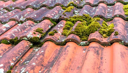 Moss-covered terracotta roof tiles