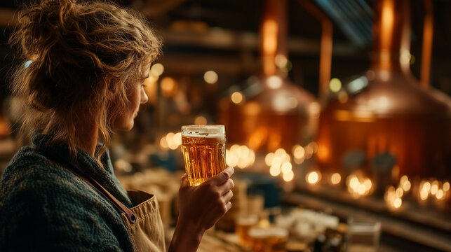 Woman holding beer in brewery while looking at brewing equipment  
