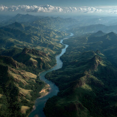 A panoramic aerial view of a winding river cutting through a lush green valley surrounded by majestic mountains, showcasing the beauty of nature