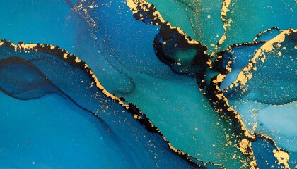Abstract fluid art with blues and gold