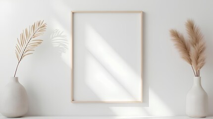 Picture frame and two flower vases