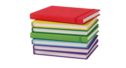 A vibrant stack of hardcover books showcasing a spectrum of colors against a black background