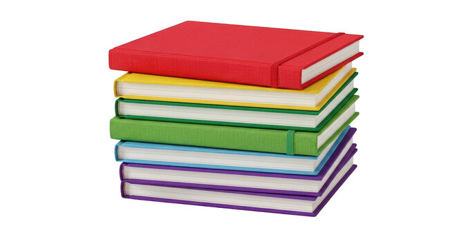 A vibrant stack of hardcover books showcasing a spectrum of colors against a black background