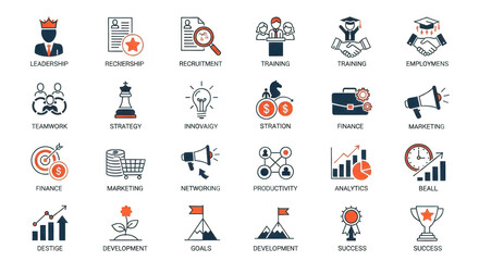 Collection of modern futuristic neon icons representing technology and business concepts