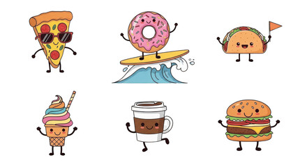 Whimsical cartoon food illustrations featuring pizza donut taco ice cream coffee and burger
