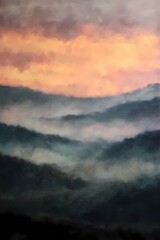 Fototapeta premium Serene landscape of fog-covered hills under soft dawn light, evoking stillness and natural beauty.