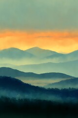 Fototapeta premium Serene landscape of fog-covered hills under soft dawn light, evoking stillness and natural beauty.