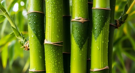 Fototapeta premium Close up of fresh green bamboo stalks with water droplets in a natural setting