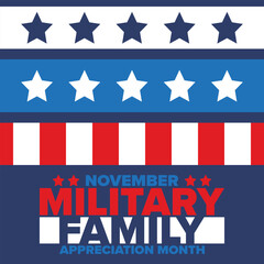 National Military Family Month in United States. Celebrate annual in November. Thank you for military family. Patriotic american elements. Poster, card, banner, background. Vector illustration