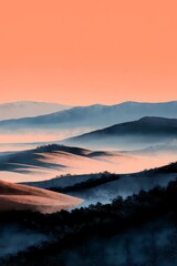 Fototapeta premium Serene landscape of fog-covered hills under soft dawn light, evoking stillness and natural beauty.
