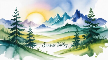 Watercolor sunrise painting of majestic mountains and serene valleys offers a peaceful escape, perfect for nature lovers and travel enthusiasts seeking tranquility and inspiration