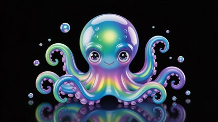 Delightful iridescent octopus floating among bubbles with a cute, playful expression, perfect for children's books, vibrant invitations, and eye-catching educational materials