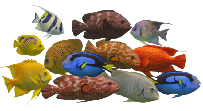 Vibrant, diverse tropical fish with iridescent scales swimming gracefully on a white studio background with no shadows. Concept of marine biodiversity and ecological health