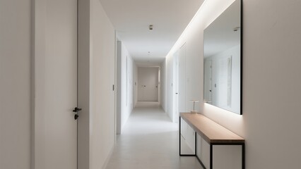 Fototapeta premium Minimalist Modern White Hallway with Large Mirror and Wooden Console Table