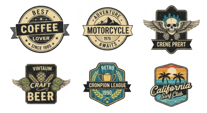 Collection of six vintage style emblem logos featuring coffee motorcycles skulls and california themes