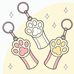 Animal Paw Keychains Vector keychains shaped like animal paws, pastel kawaii cartoon style