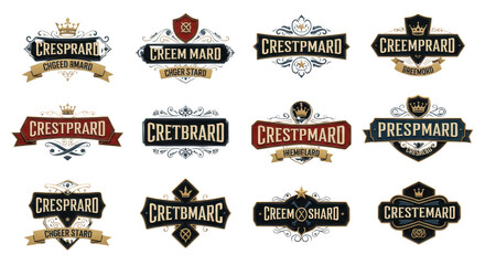 Collection of ornate vintage crests and logos with elaborate decorative elements and banners