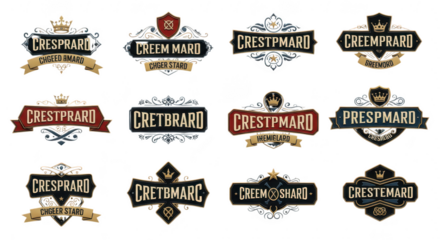 Collection of ornate vintage crests and logos with elaborate decorative elements and banners
