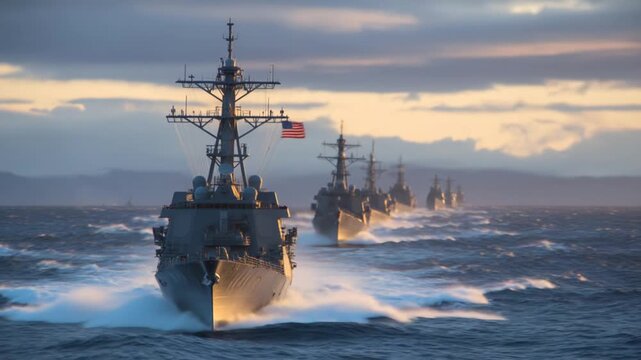 Twilight sees a dark navy fleet in close formation, led by a flagship with a prominent smokestack and bow flag, followed by a smaller ship with a stern flag.