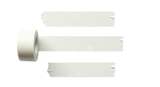 Three white masking tape strips on a transparent background with copy space, overhead flat lay, torn edges, Concept of agile planning and flexibility.