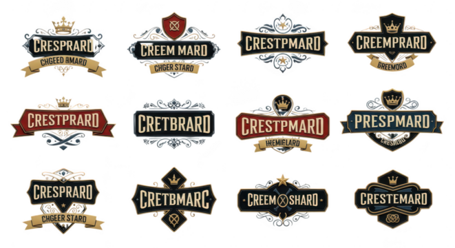 Collection of ornate vintage crests and logos with elaborate decorative elements and banners