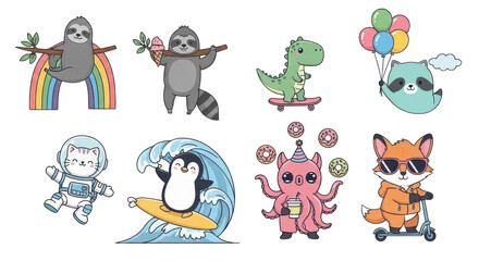 Whimsical cartoon animals enjoying fun activities on skateboards and scooters