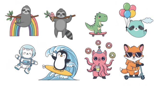 Whimsical cartoon animals enjoying fun activities on skateboards and scooters