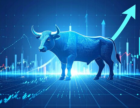 Bull icon surrounded by digital interface elements representing rising economy,
