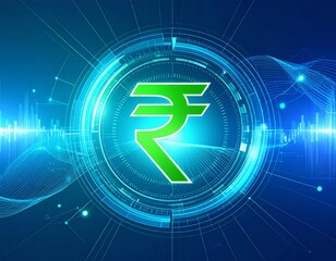 Rupees icon surrounded by digital interface elements representing finance, on a blue 