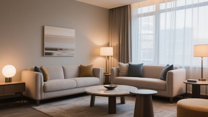 Modern Cozy Living Room with Beige Sofas Soft Lighting and Large Window