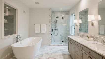 Modern Elegant Bathroom with Freestanding Bathtub and Marble Shower in Bright Natural Light