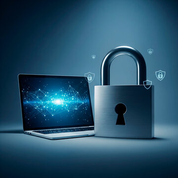 A conceptual image of a padlock next to a laptop, inciting cybersecurity concept