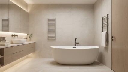 Modern Minimalist Bathroom with Freestanding Bathtub and Neutral Tones
