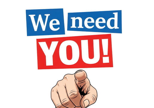 A hand points directly at the viewer with a we need you message, isolated on transparent background