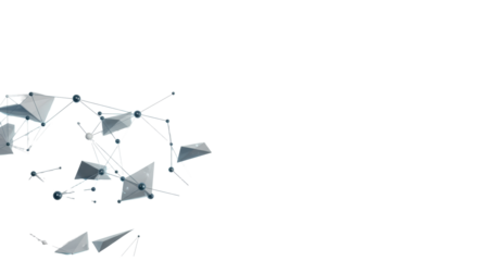 Abstract glowing nodes, translucent polygons, and intricate interconnected lines in cool tones, forming a flat lay digital network on a transparent background, concept of global digital