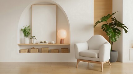 Fototapeta premium Modern living room nook featuring a plush white armchair and decorative shelf with plants