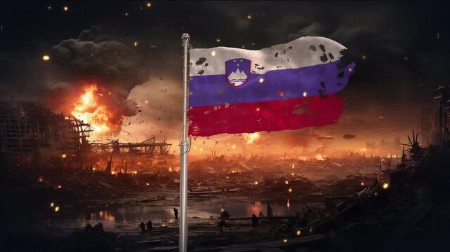 Slovenia flag waving in war is torn