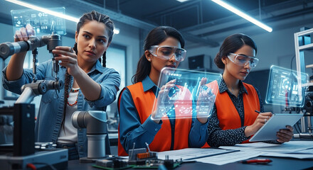 Diverse women in STEM collaborating on robotics innovation, one using a futuristic transparent tablet for data analysis in a high-tech facility