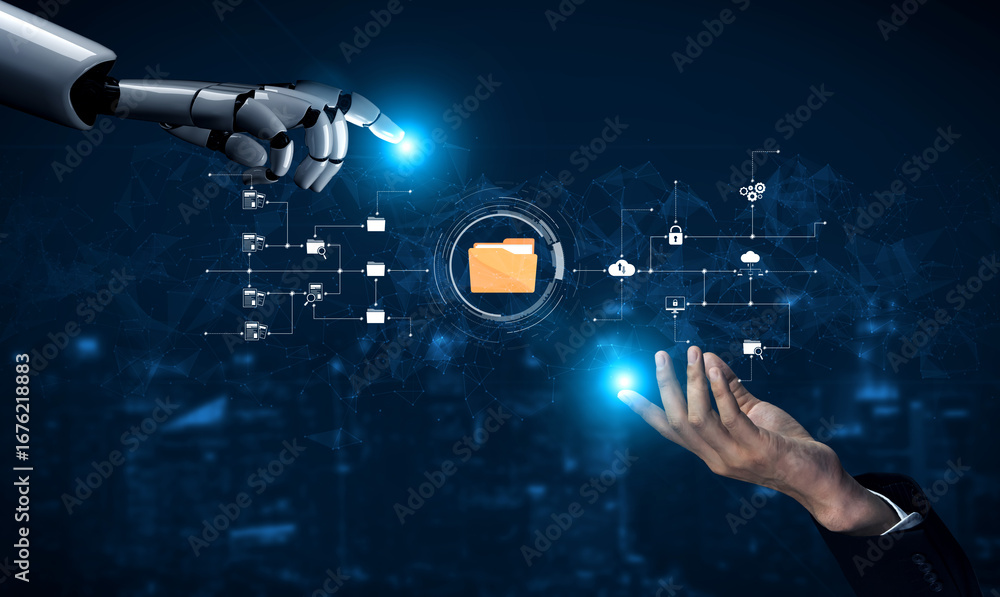 Poster ai artificial intelligence assists digital folder management with smart sorting, cloud structure ana