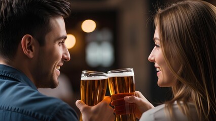 Happy young couple toasting with beer glasses in a bar