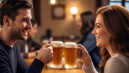 Happy couple toasting with beer mugs in a pub on a date night