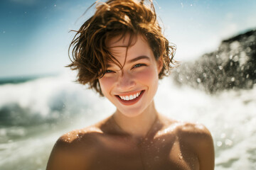 Beautiful happy woman swims in the sea on the tropical beach, tanned girl enjoys vacation at the sea
