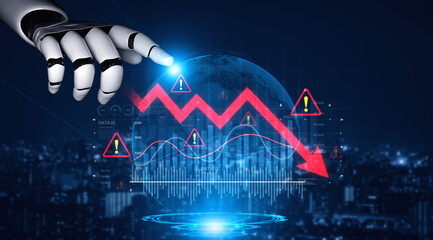 AI visualizes economic caution with smart graphs, alert icons, and data trend analysis, helping...