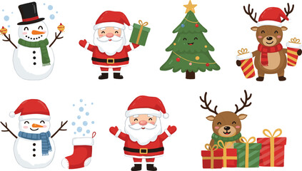 Christmas characters, Santa Claus, snowman, reindeer, tree, presents, holiday fun, festive season, gift giving