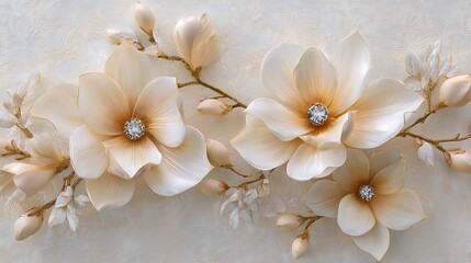 Delicate cream colored magnolia blossoms adorned with sparkling jewels on a textured background