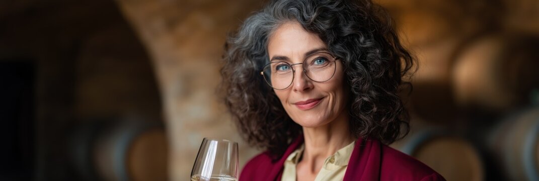 Mature caucasian female sommelier with curly hair holding wine glass in cellar - Powered by Adobe
